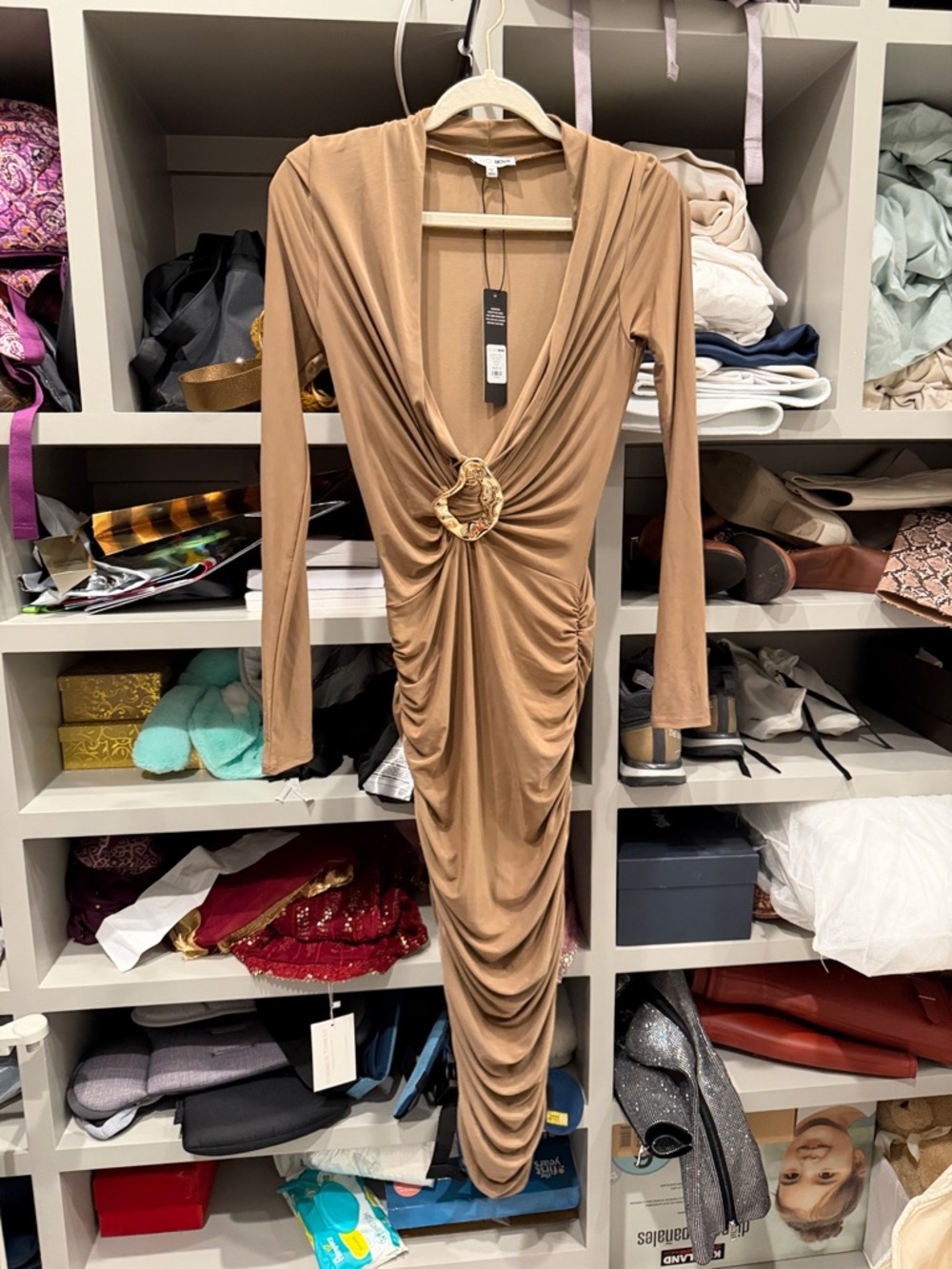 Fashion Nova Long Sleeve Ruched Dress in Tan with Center Ring